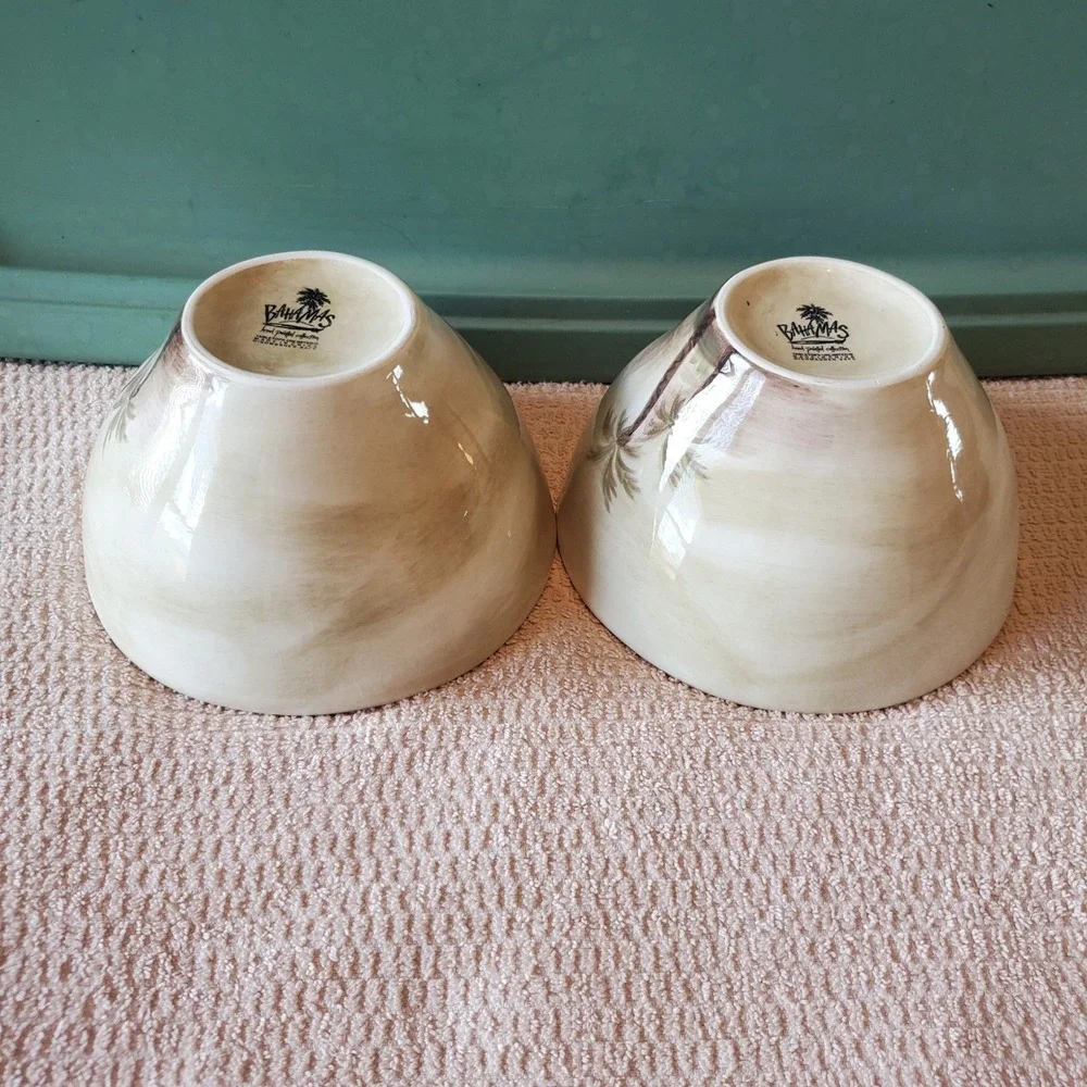 Bahamas Hand Painted Collection Palm Tree Ceramic Bowls Set of 2 Tropical Cream